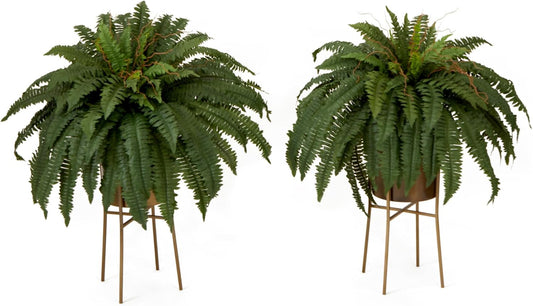32in. Artificial Boston Fern Plant with Metal Planter with Stand DIY KIT (Set of 2)