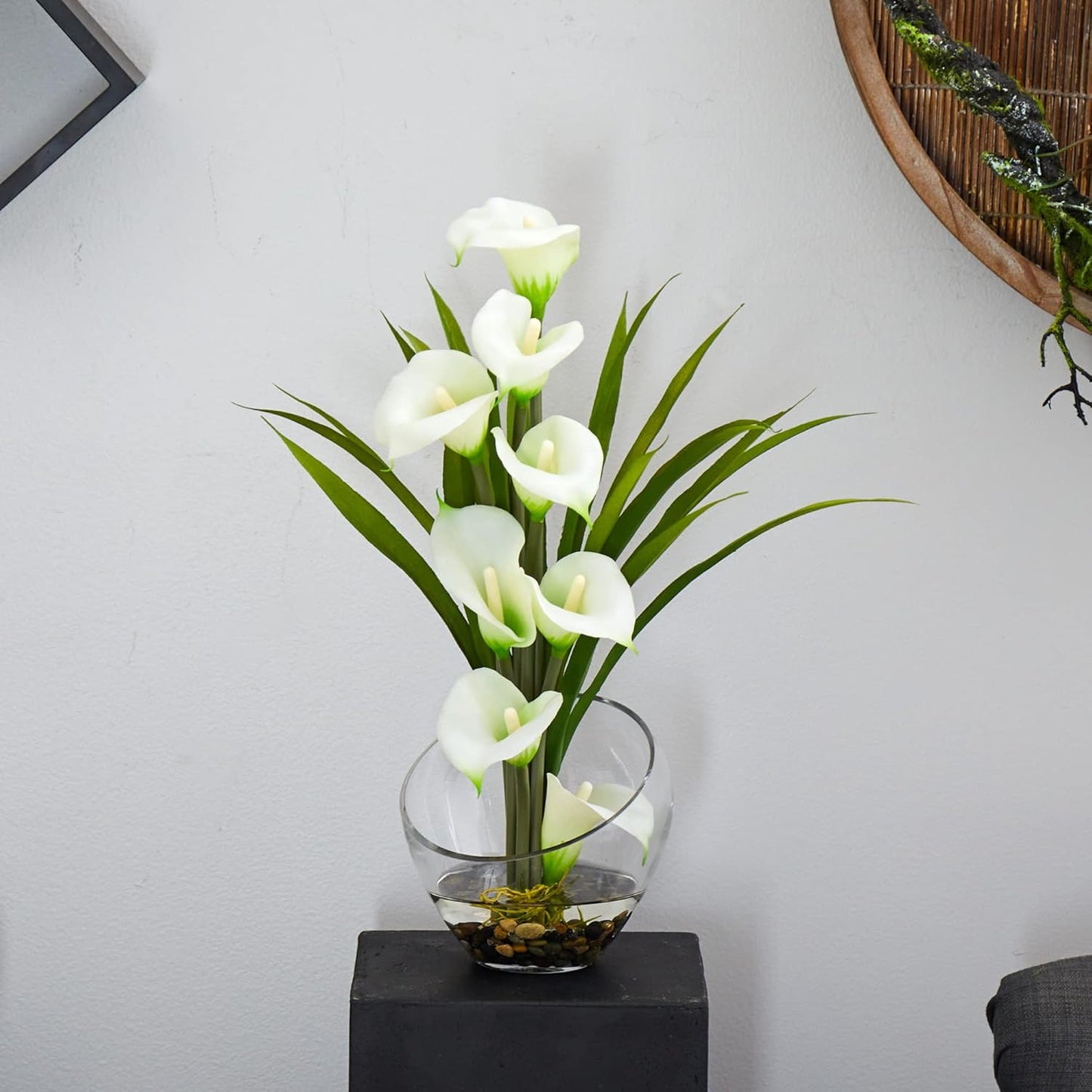 Nearly Natural 15.5in. Calla Lily and Grass Artificial Arrangement in Vase, Cream No50
