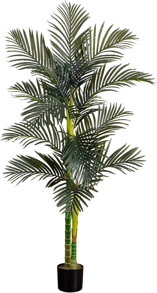 6ft Golden Cane Palm Tree, Artificial Double Stalk with Lifelike Leaves, Bendable Branches, Includes Nursery Planter, Ideal for Indoor