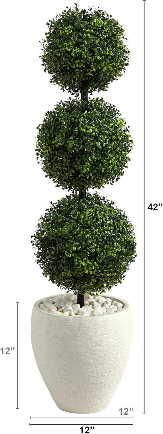 Nearly Natural 3.5ft. Boxwood Triple Ball Topiary Artificial Tree in White Planter (Indoor/Outdoor)