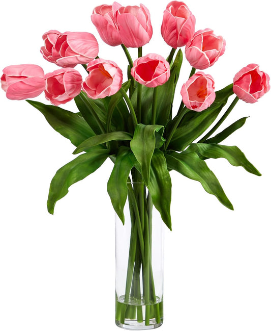 23in. Artificial Tulip Arrangement with Cylinder Glass Vase, Pink No50