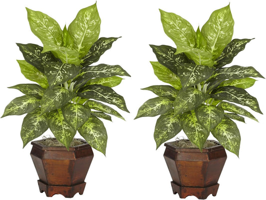 Dieffenbachia with Wood Vase Silk Plant (Set of 2) No50