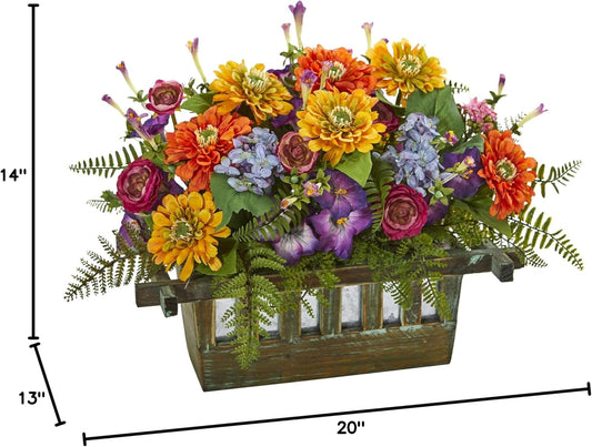 Mixed Floral Arrangement in Rectangular Wood Planter Artificial Plant Multi-colored 13x20x14
