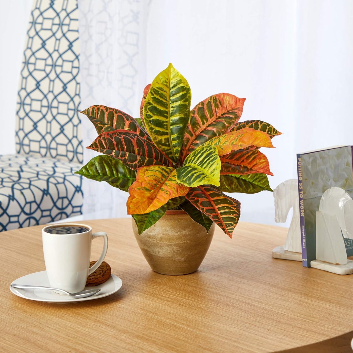 15in. Garden Croton Artificial Plant in Ceramic Planter (Real Touch) No50