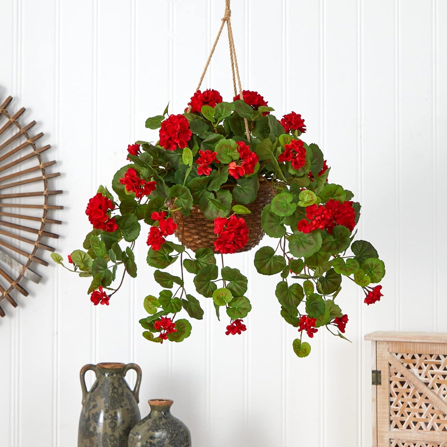 6609-RD 24in. Geranium Hanging Basket Silk Plant,Red,10.25" x 10.25" x 17.5" No50