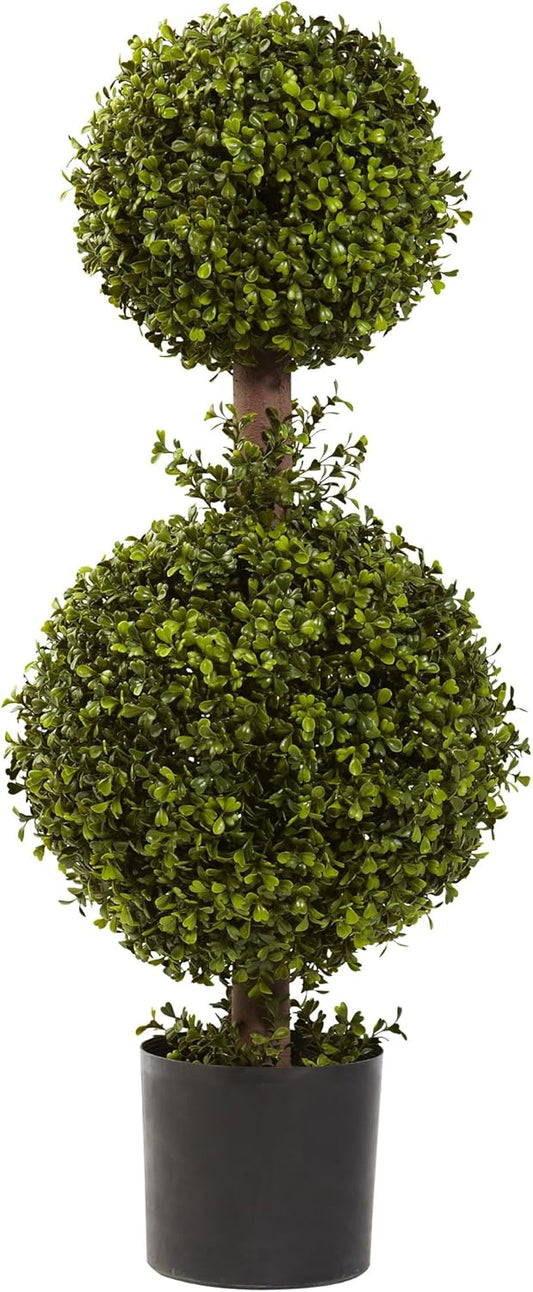 35IN Artificial Double Boxwood Topiary Ball Tree, Fake Topiary Plant for Indoor Home Décor in Black Nursery Planter