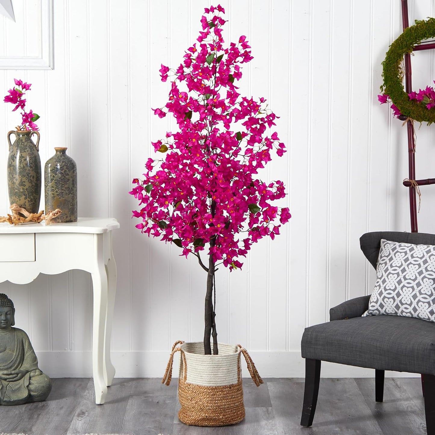 6ft. Pink Artificial Bougainvillea Tree with Handmade Jute & Cotton Basket