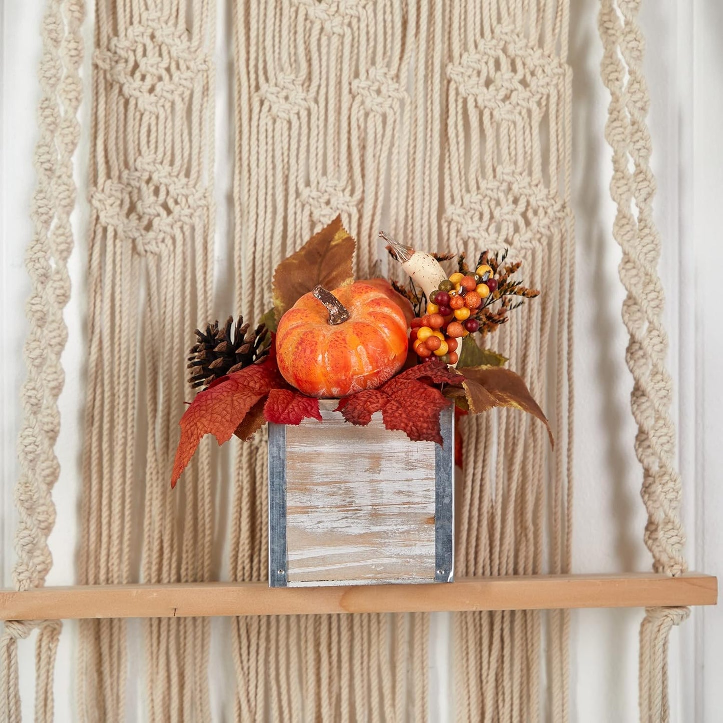 8in. Fall Pumpkin, Gourd, Berries and Pinecones Artificial Autumn Arrangement in Natural Washed Vase