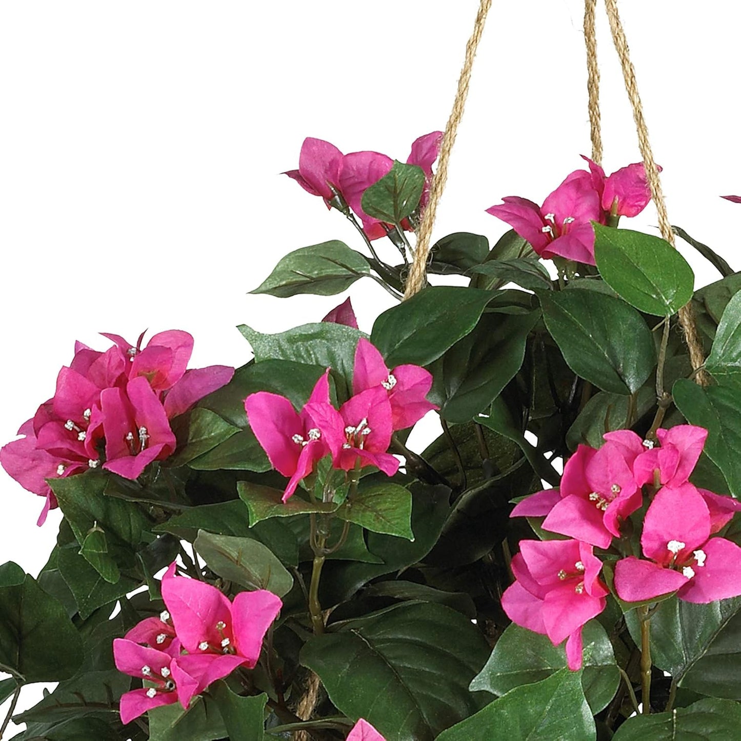 Artificial Bougainvillea Hanging Flower Basket Faux Plant for Indoor Decoration with Brown Wicker Hanging Basket, 32"D x 32"W x 24"H