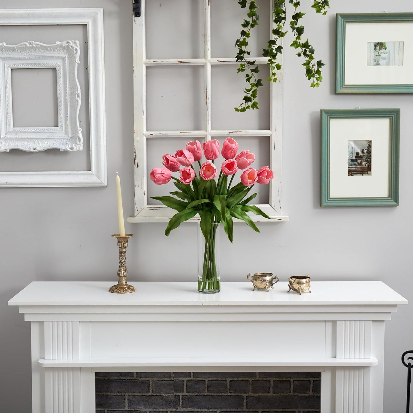23in. Artificial Tulip Arrangement with Cylinder Glass Vase, Pink No50