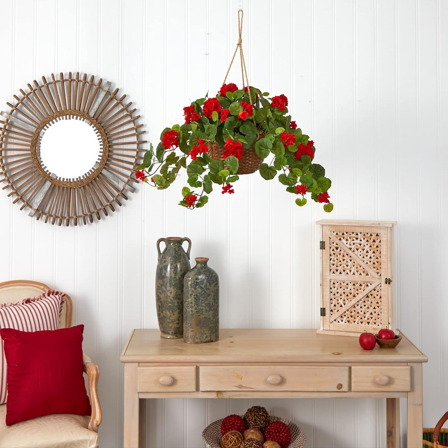 6609-RD 24in. Geranium Hanging Basket Silk Plant,Red,10.25" x 10.25" x 17.5" No50