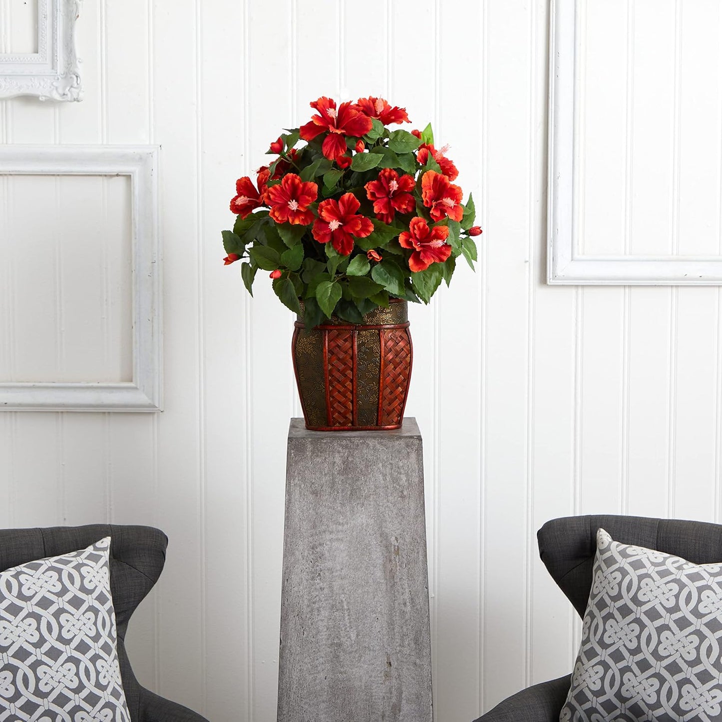 6667 Hibiscus with Vase Decorative Silk Plant, Red 30" x 9" x 7.5" No50