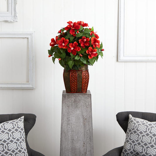 6667 Hibiscus with Vase Decorative Silk Plant, Red 30" x 9" x 7.5" No50