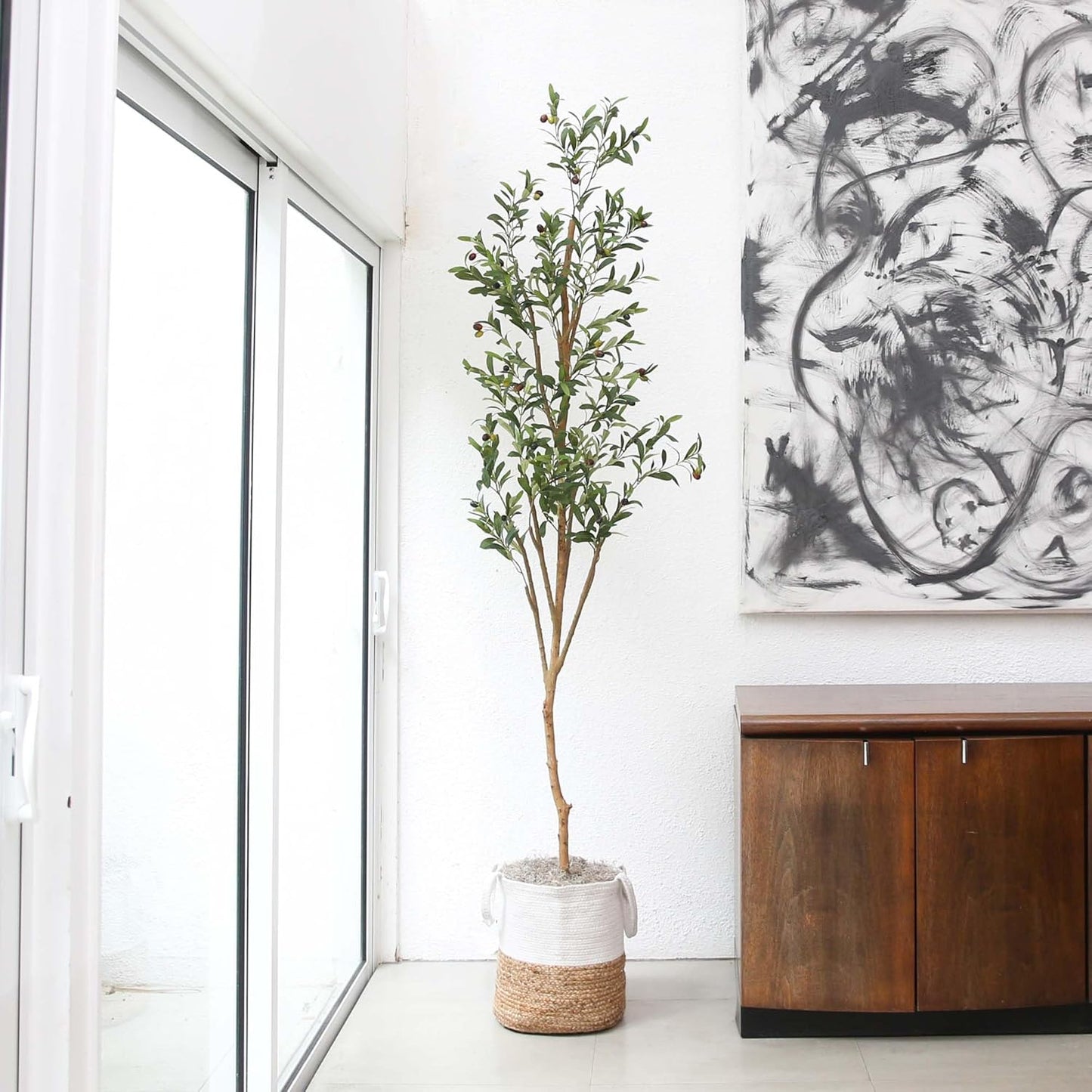 Olive Tree Artificial Indoor 7FT Tall with Jute Basket Planter Fake Olive Tree for Home & Office Decor, Faux Olive Tree with Natural Wo