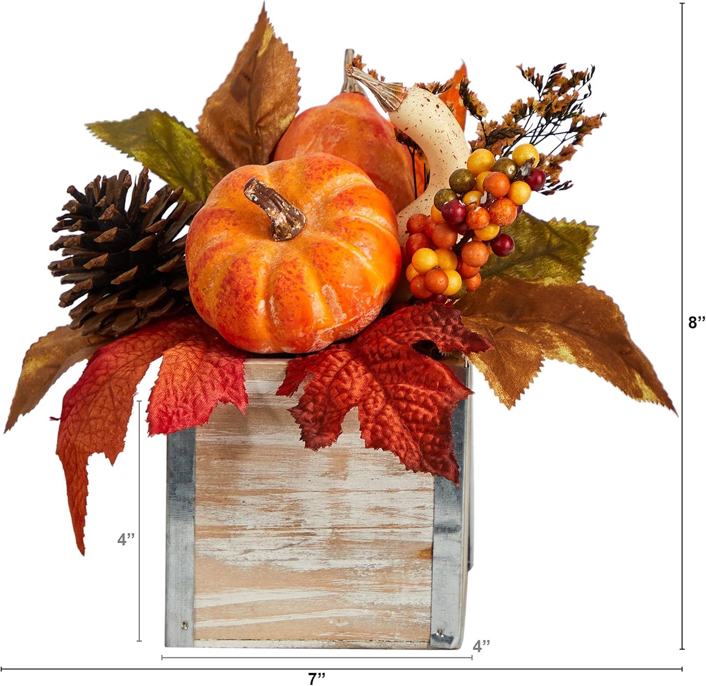 8in. Fall Pumpkin, Gourd, Berries and Pinecones Artificial Autumn Arrangement in Natural Washed Vase