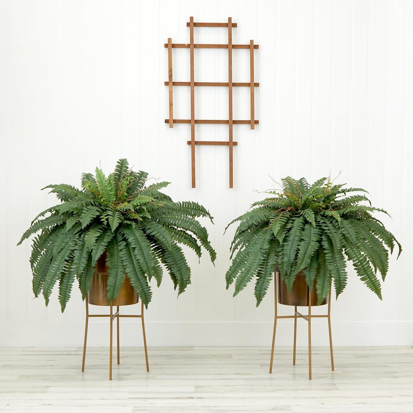 32in. Artificial Boston Fern Plant with Metal Planter with Stand DIY KIT (Set of 2)