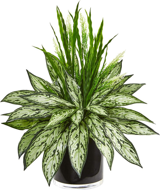 Nearly Natural Silver Queen and Grass Artificial Plant in Black Vase