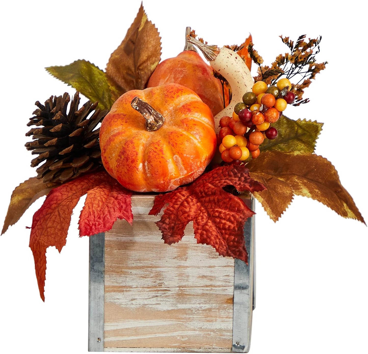 8in. Fall Pumpkin, Gourd, Berries and Pinecones Artificial Autumn Arrangement in Natural Washed Vase
