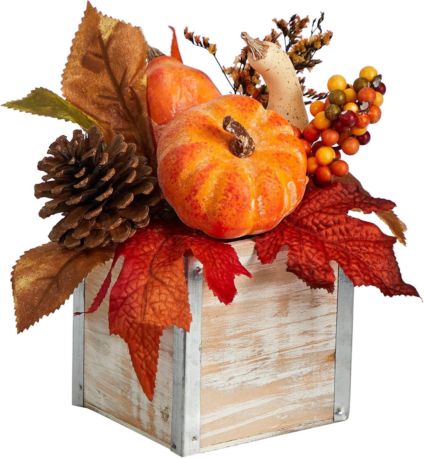 8in. Fall Pumpkin, Gourd, Berries and Pinecones Artificial Autumn Arrangement in Natural Washed Vase