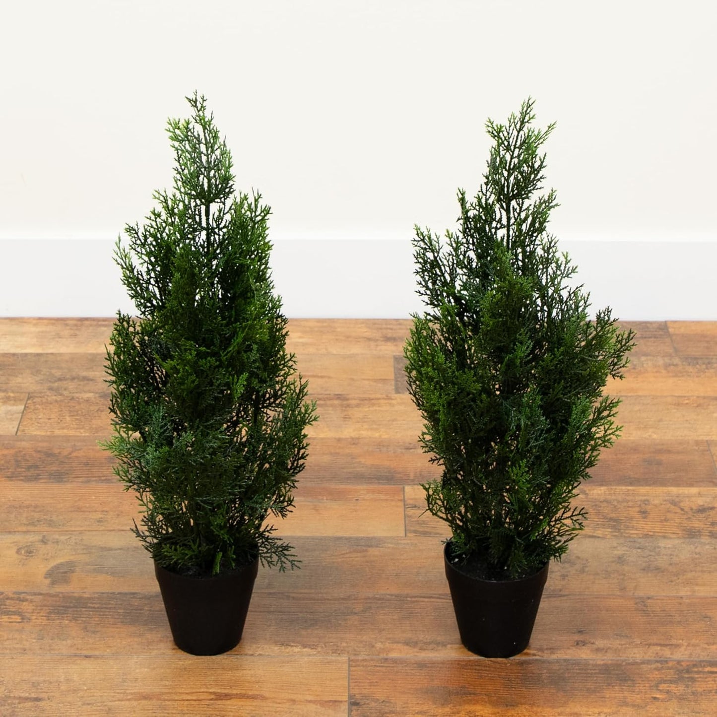 Nearly Natural 2ft UV Resistant Artificial Cedar Pine Tree - Indoor/Outdoor Faux Greenery Decor, Set of 2, Deep Green Cedar Leaves, No Maintenance Req