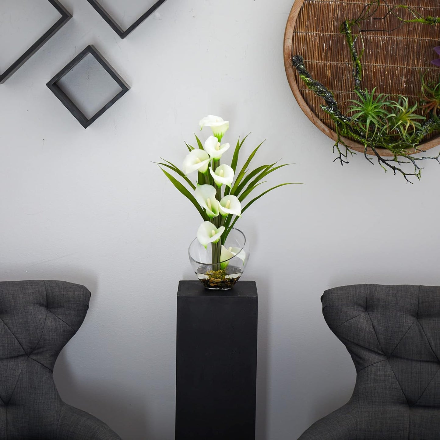 Nearly Natural 15.5in. Calla Lily and Grass Artificial Arrangement in Vase, Cream No50