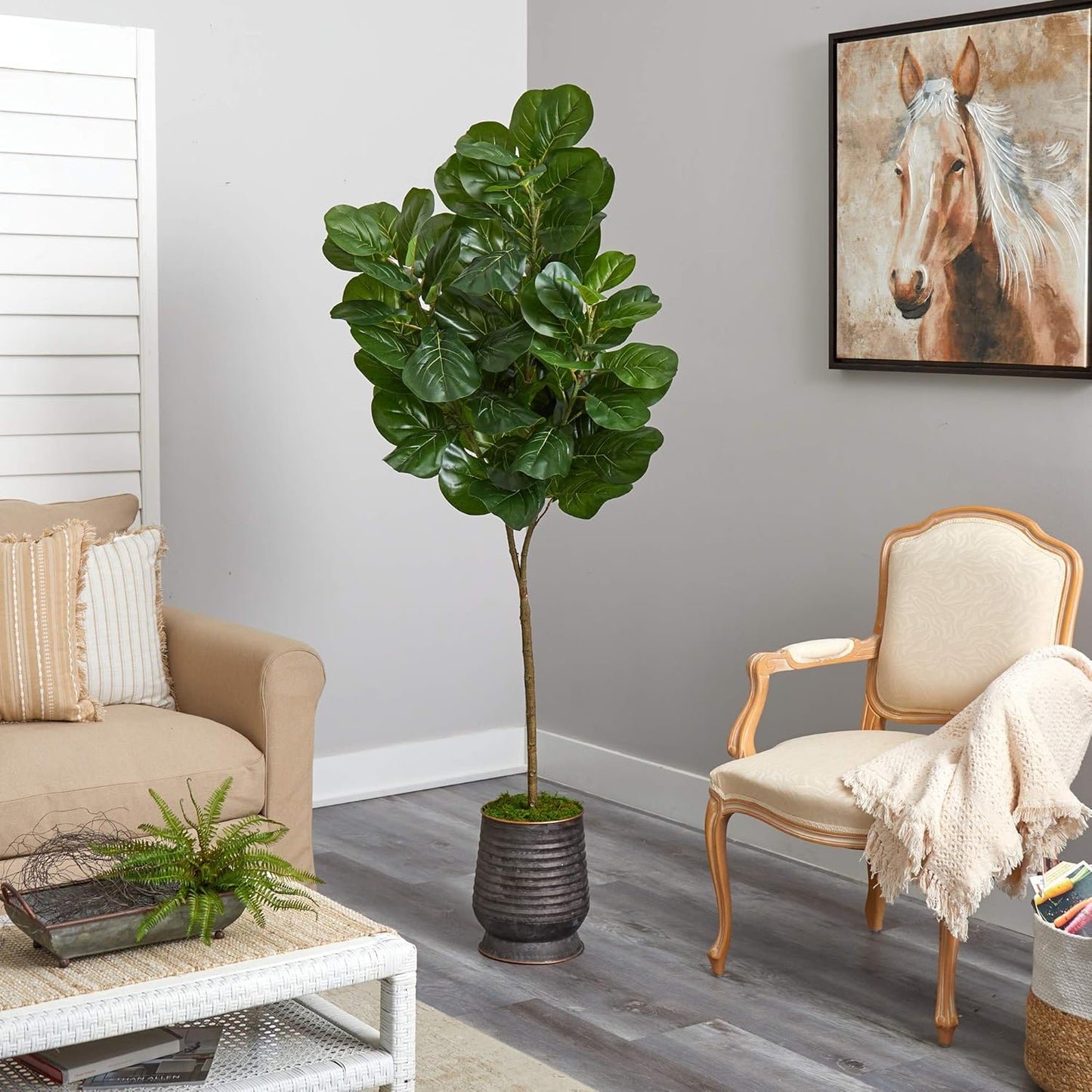 74in. Fiddle Leaf Fig Artificial Tree in Ribbed Metal Planter