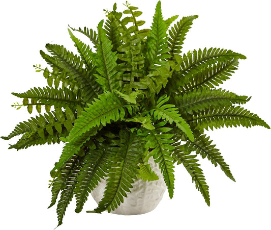 6308 Boston Fern in White Planter Artificial Plant, Green