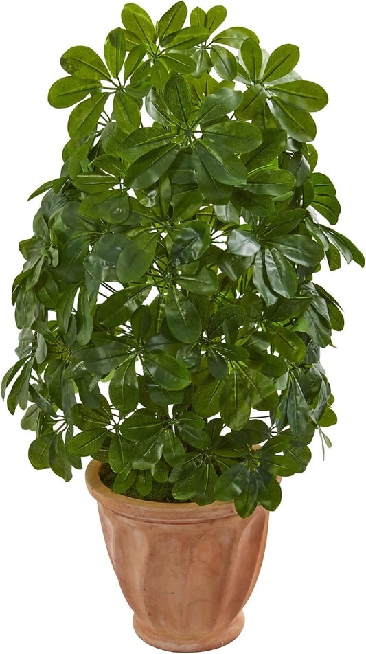 Baby Schefflera Artificial Terra Cotta Planter (Real Touch) Silk Plants Green