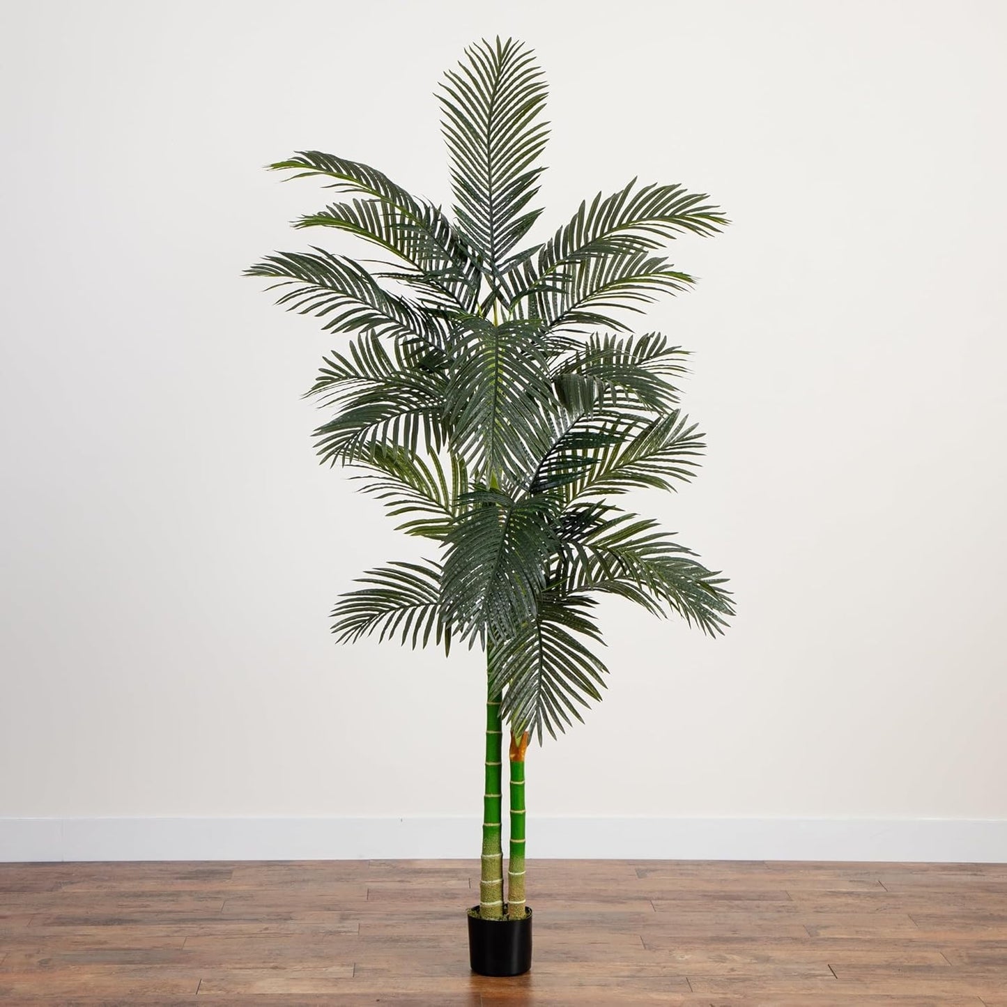 8FT Artificial Golden Cane Palm Tree, Fake Palm Tree with Two Realistic Trunks and Lifelike Palm Leaves, Faux Palm Plant for Indoor Hom