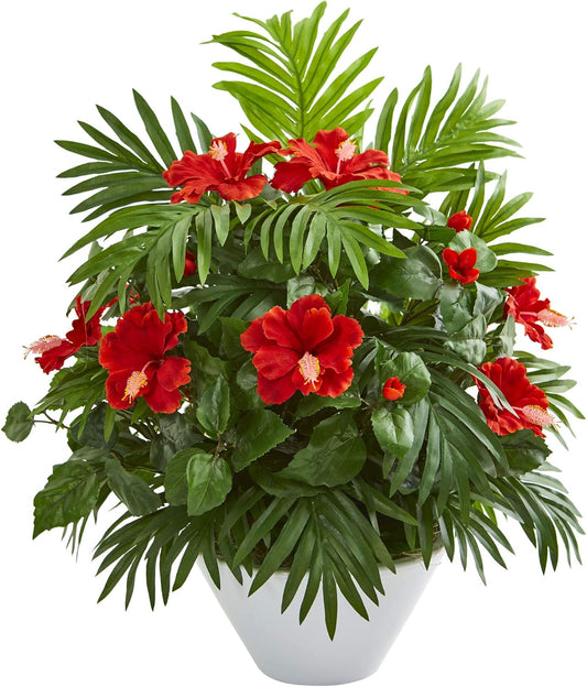 Hibiscus and Areca Palm Artificial White Bowl Silk Plants, Red