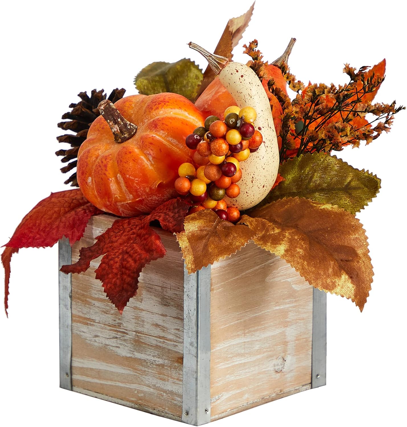 8in. Fall Pumpkin, Gourd, Berries and Pinecones Artificial Autumn Arrangement in Natural Washed Vase