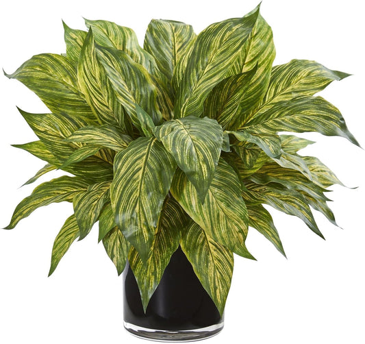 Musa Leaf Artificial Glossy Black Vase Silk Plants, Green No50