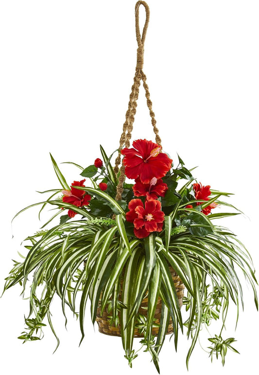 Hibiscus & Spider Artificial Hanging Basket Silk Plants, Red
