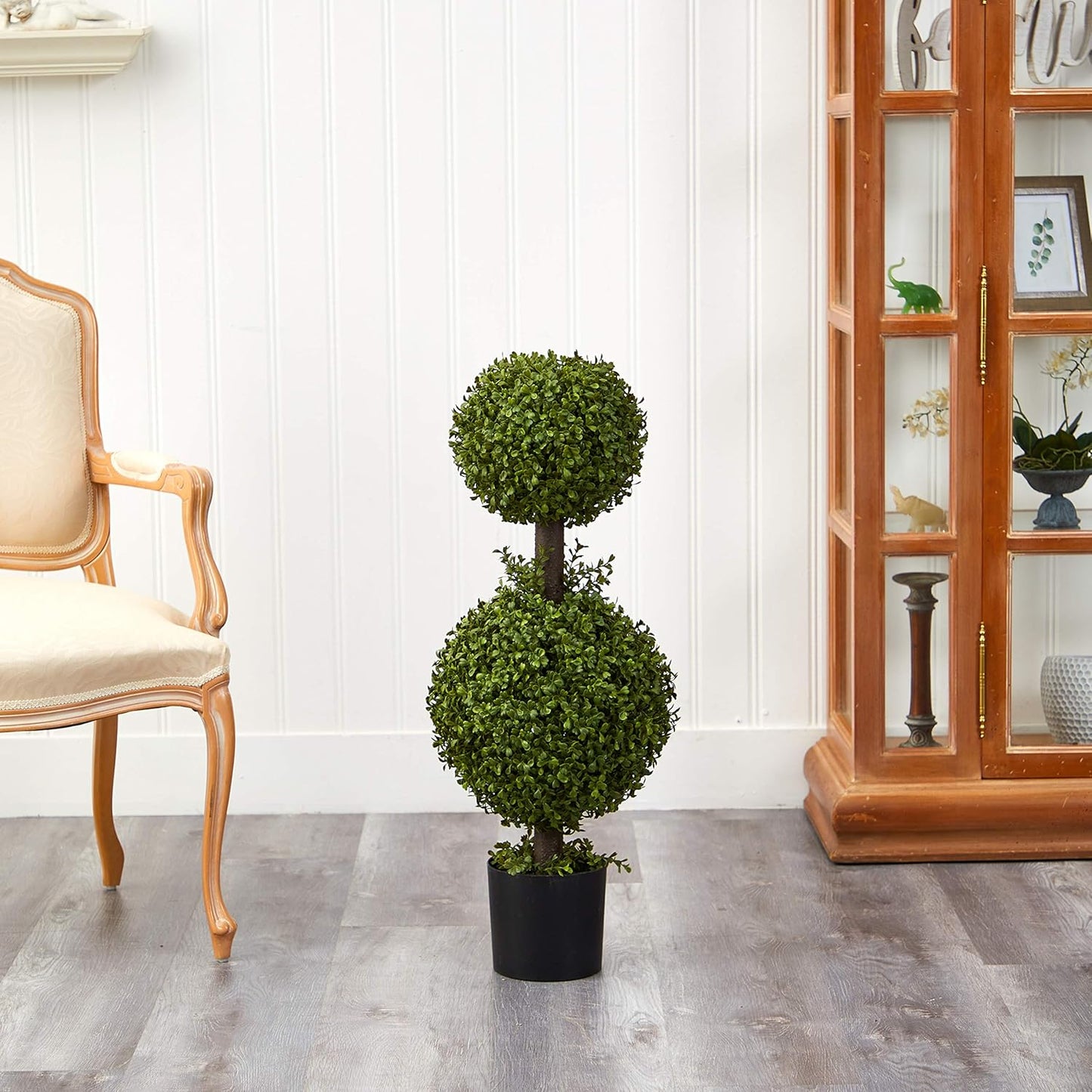 35IN Artificial Double Boxwood Topiary Ball Tree, Fake Topiary Plant for Indoor Home Décor in Black Nursery Planter