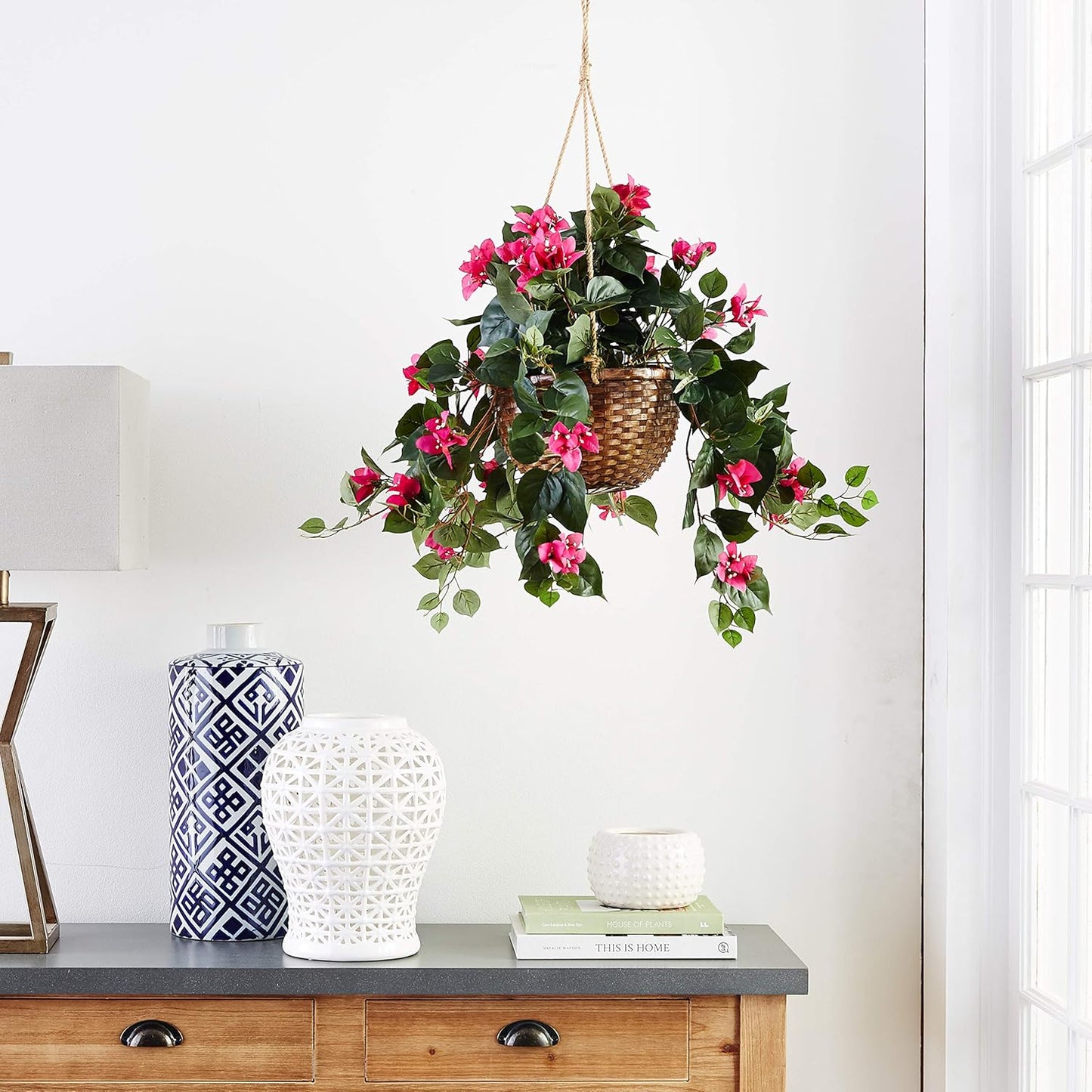 Artificial Bougainvillea Hanging Flower Basket Faux Plant for Indoor Decoration with Brown Wicker Hanging Basket, 32"D x 32"W x 24"H