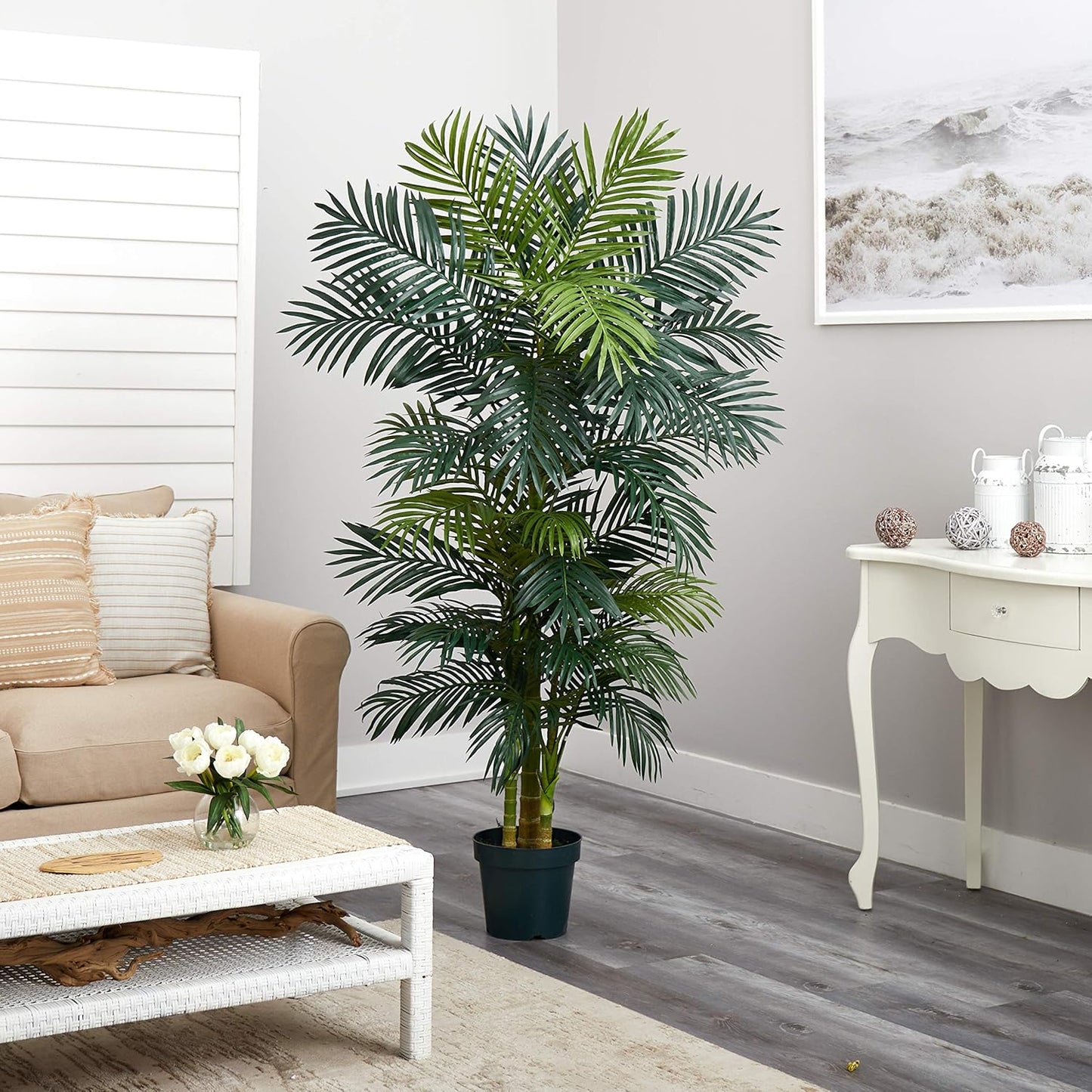 Nearly Natural 6.5FT Artificial Golden Cane Palm Tree, Fake Palm Tree with Three Realistic Trunks and 333 Lifelike Palm Leaves, Faux Palm Plant for In