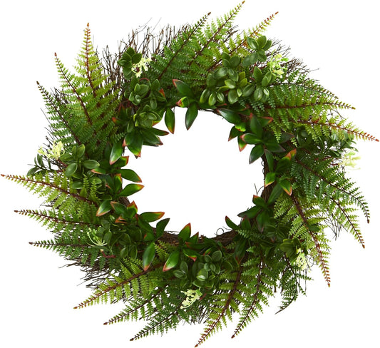 23” Assorted Fern Wreath UV Resistant (Indoor/Outdoor) Artificial Plant, Green