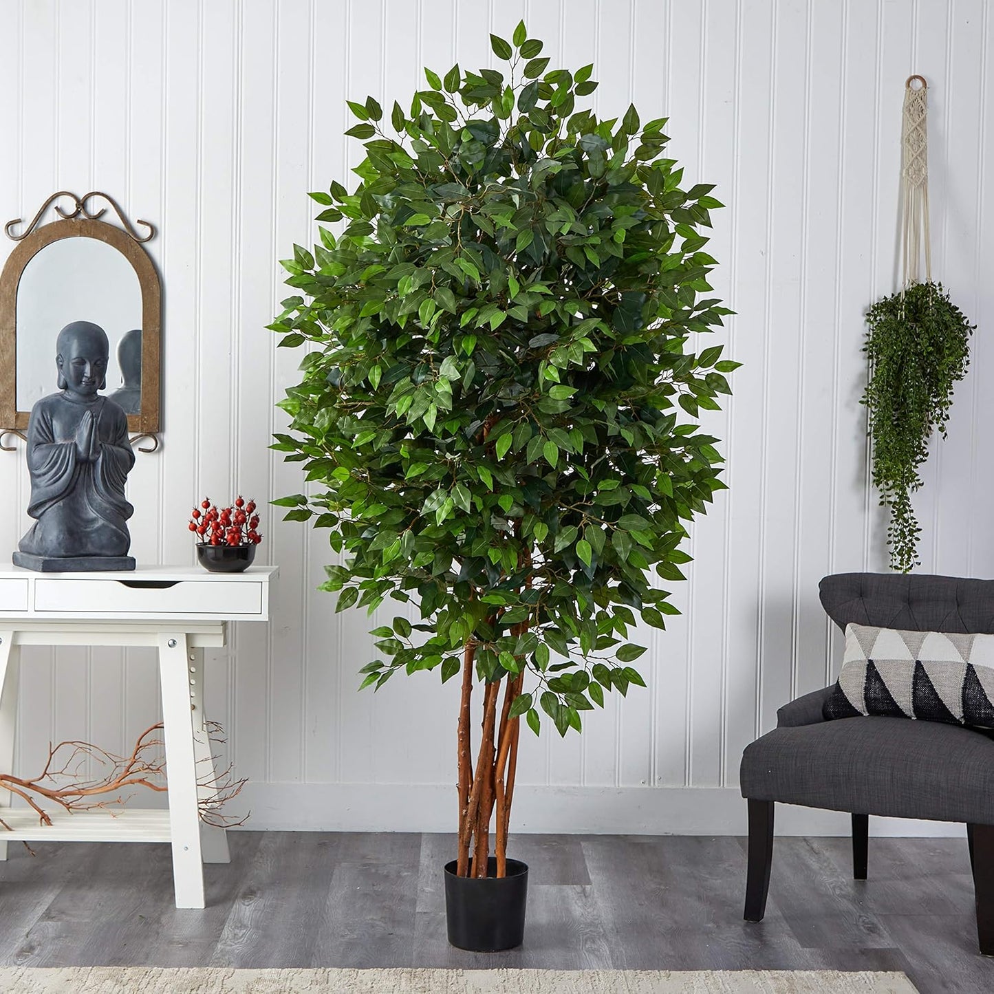 6.5FT Artificial Deluxe Ficus Tree for Indoor Home Décor, Large Fake Plant with Black Nursery Planter, Faux Ficus Tree