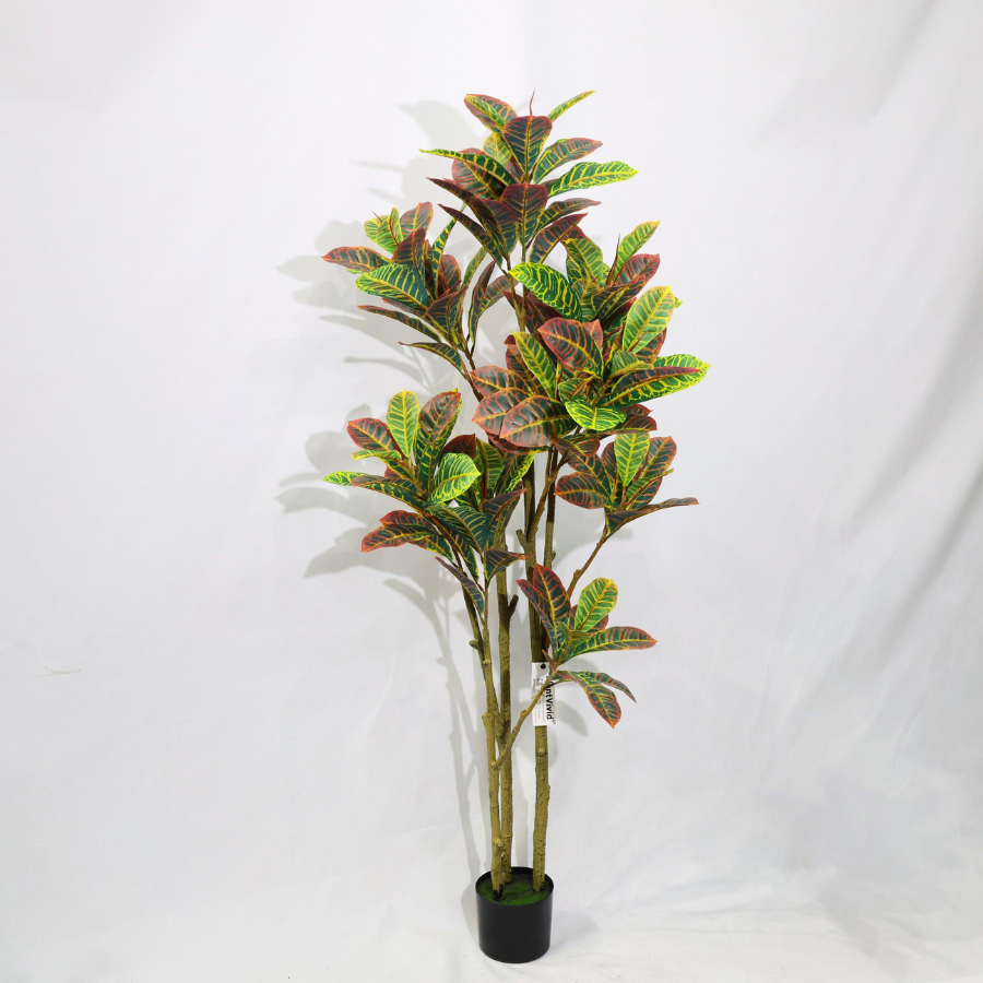 Ficus Pandurata (Croton) Artificiale 160cm con Foglie Variegate, Albero Finta in Vaso per Decorazione Casa e Negozio Natale