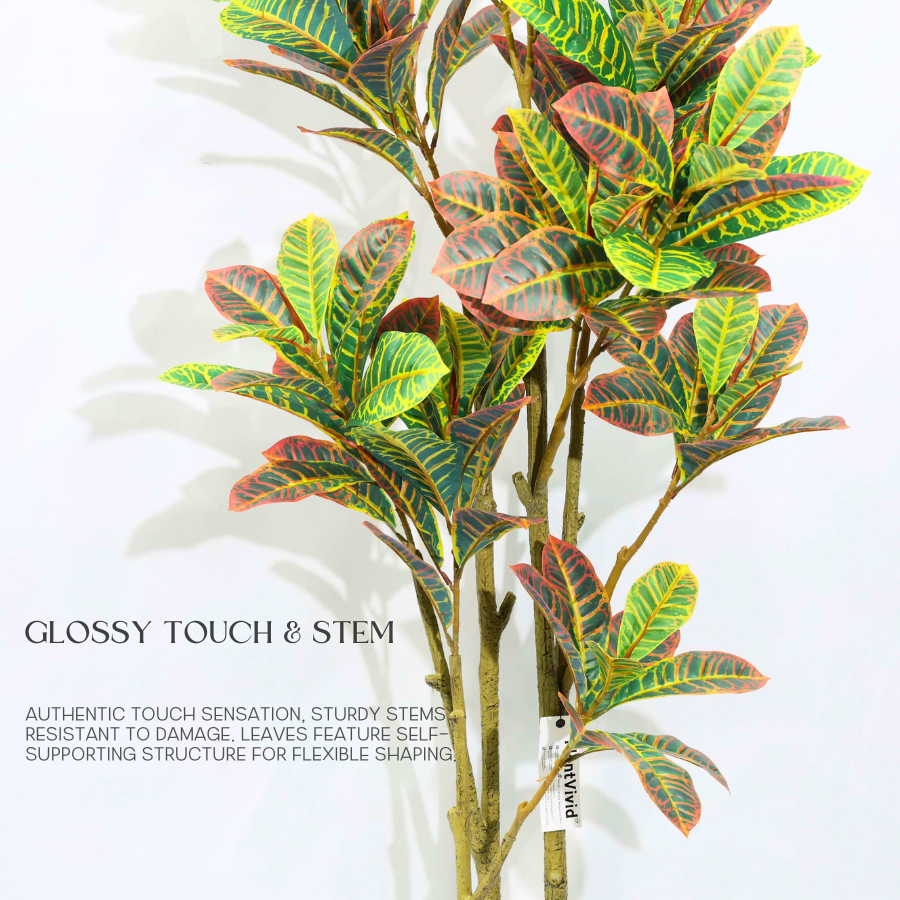 Ficus Pandurata (Croton) Artificiale 160cm con Foglie Variegate, Albero Finta in Vaso per Decorazione Casa e Negozio Natale