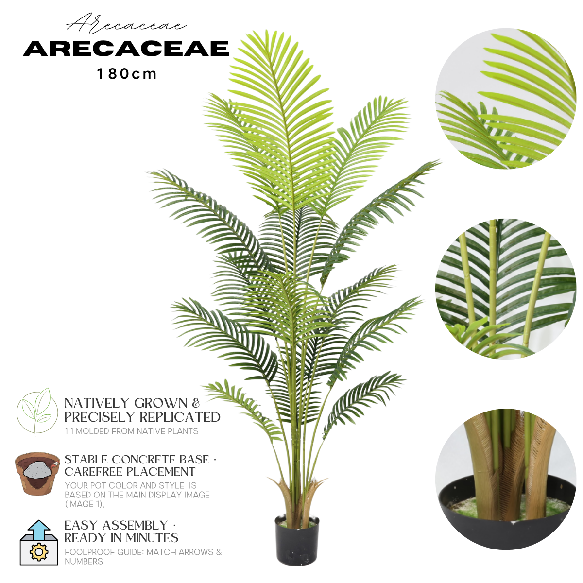 Τεχνητός φοίνικας Areca 180cm με 15 πράσινα φύλλα, ψεύτικο δέντρο τον κήπο του