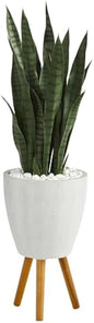 4-ft Artificial Snake Plant for Indoor Home Decor, White Decorative Planter with Stand, Mid Century Modern Design Sansevieria, 48-in Fa
