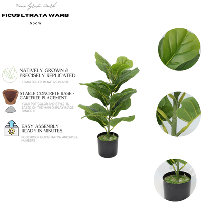 Ficus Lyrata Mini Artificiale 55cm con 16 Grandi Foglie Verdi Scuro, Pianta Finta in Vaso per Decorazione Tavolo Natale