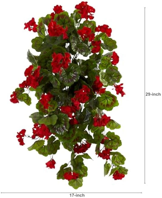 29in. UV Resistant Geranium Artificial Hanging Plant, Red Flowers with Green Foliage, Indoor/Outdoor Decor, Set of 2 - Lifelike Home an