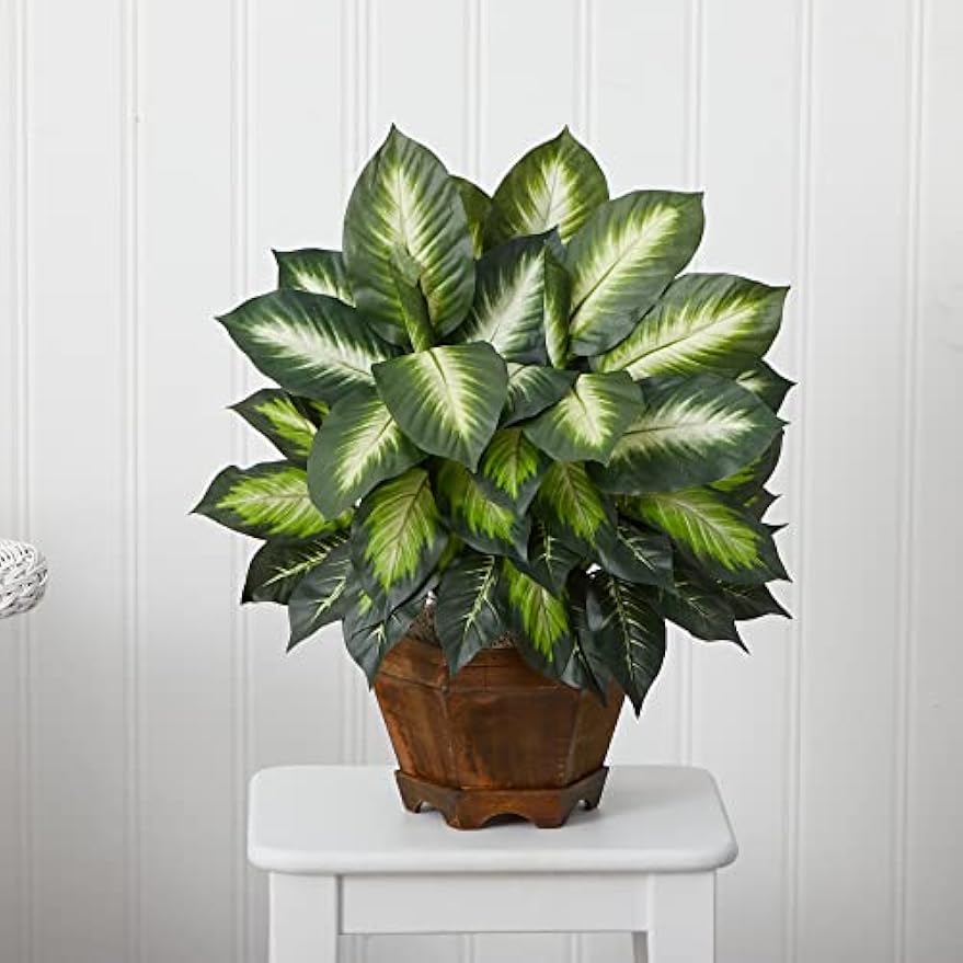 22IN Artificial Triple Golden Dieffenbachia Plant with Decorative Wood Planter, Faux Plant for Indoor Home Décor