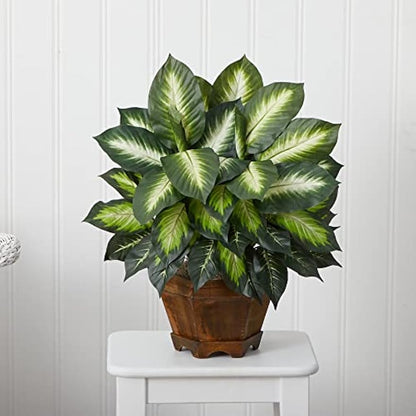 22IN Artificial Triple Golden Dieffenbachia Plant with Decorative Wood Planter, Faux Plant for Indoor Home Décor