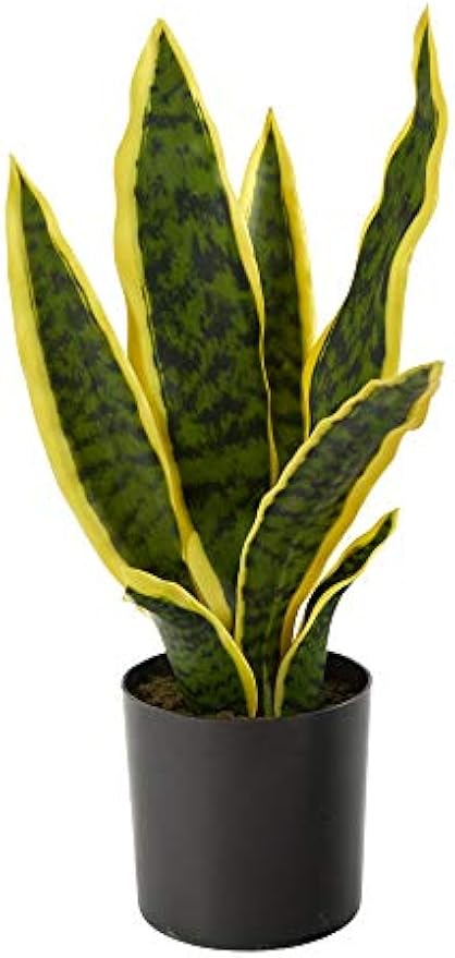14-in Artificial Tall Snake Plant Sansevieria, Yellow Faux Snake Plant for Indoor Home Decor in Black Nursery Pot, Fake Plant for Offic
