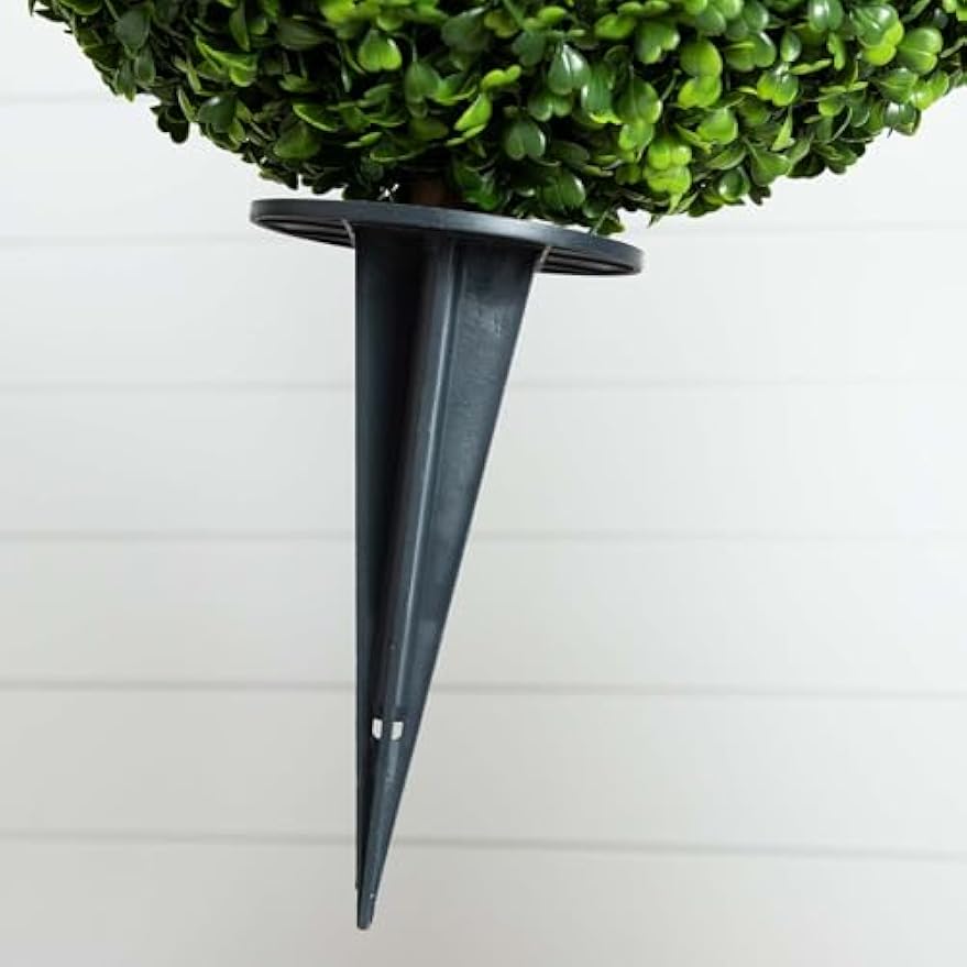 14-in Artificial Boxwood Topiary Ball for Outdoor Use with Integrated Ground Stake, Set of 2 Faux Boxwood Plants for Lawn & Garden, Bac