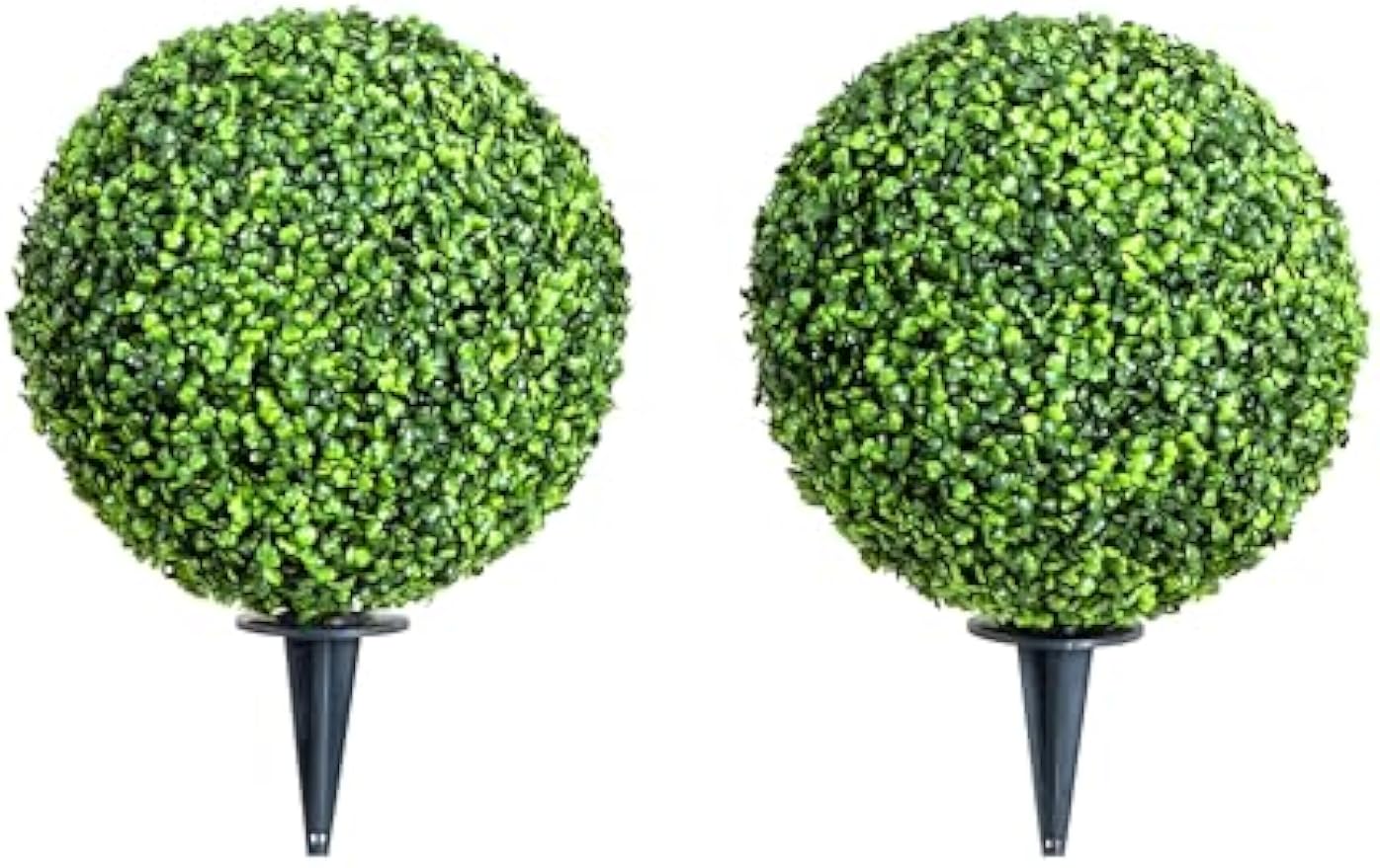 14-in Artificial Boxwood Topiary Ball for Outdoor Use with Integrated Ground Stake, Set of 2 Faux Boxwood Plants for Lawn & Garden, Bac