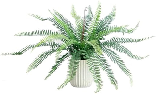 16-Inch Artificial Boston Fern Plant – Lifelike Greenery in Textured Cement Planter